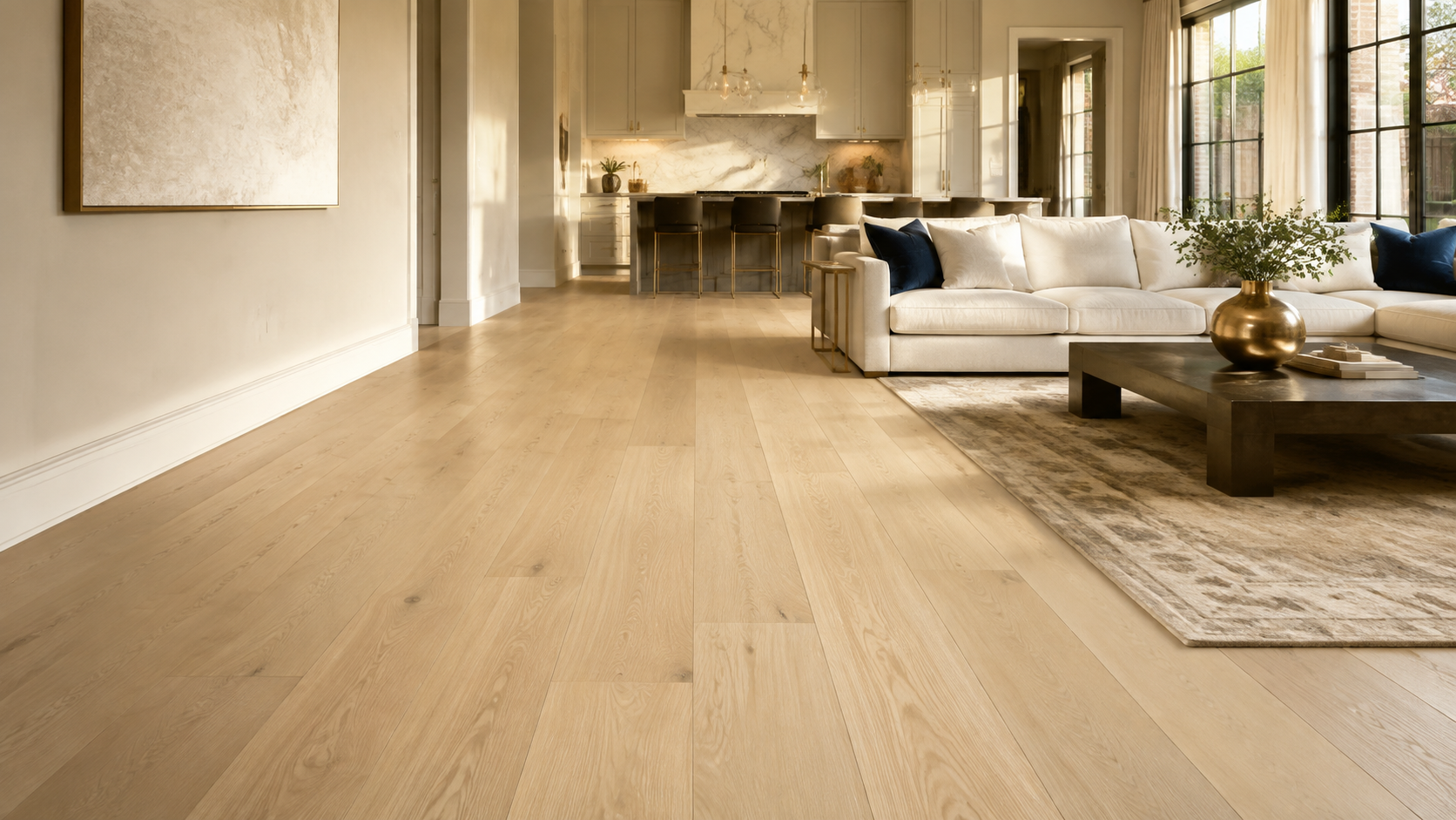 Elegant living room with professionally installed natural wood flooring